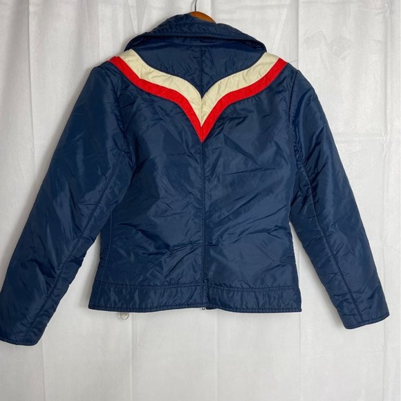 Vintage Ski Jacket Womens S/M SKYR 70s Retro Puffer Navy Blue Red White Stripe - Picture 8 of 12